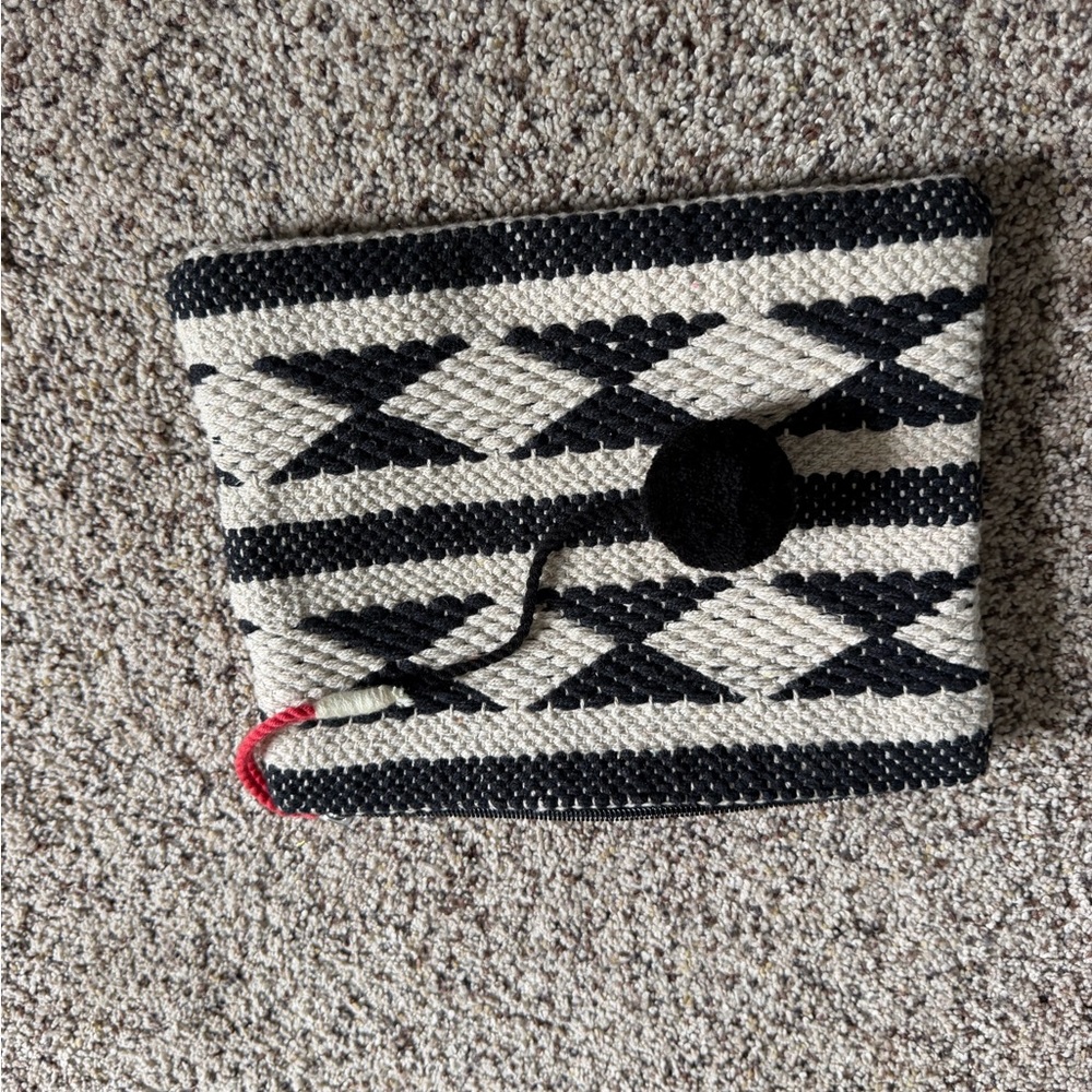Black & Cream Woven Clutch Bag with Pom Detail